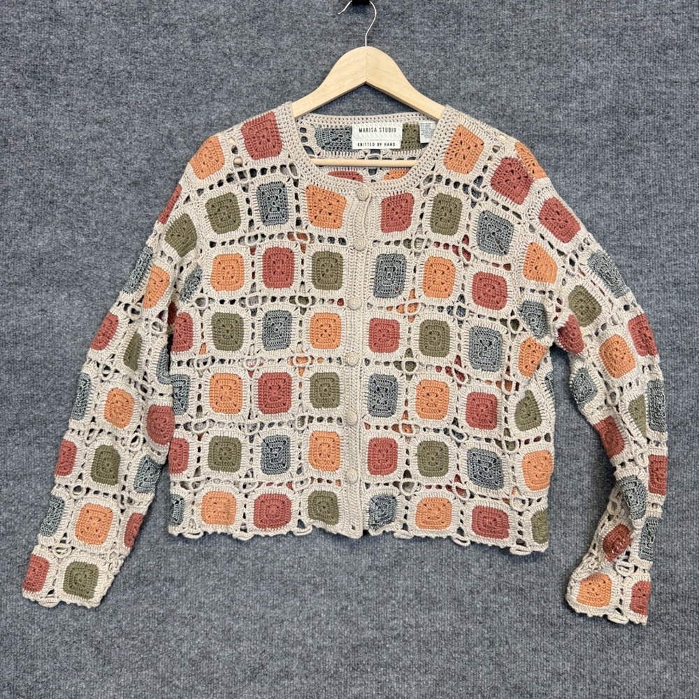 Marisa Studio Medium Granny Square Sweater Crop Tan Cotton Linen Ramie Crochet